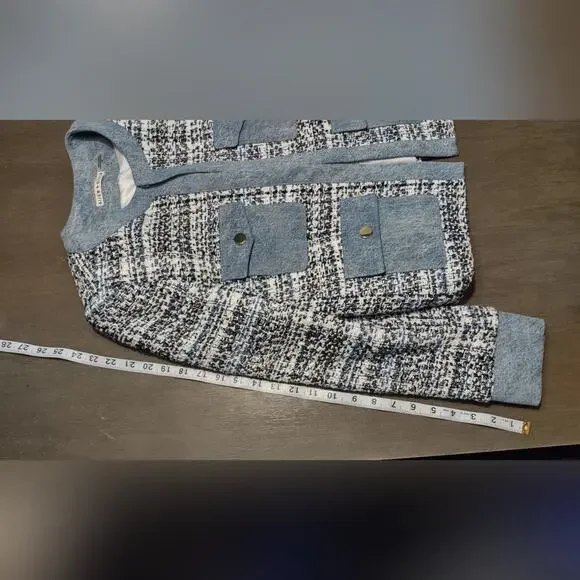 Alice + Olivia Avis Blue Tweed Denim Jean Combo Patch jacket Size Medium - Picture 10 of 16